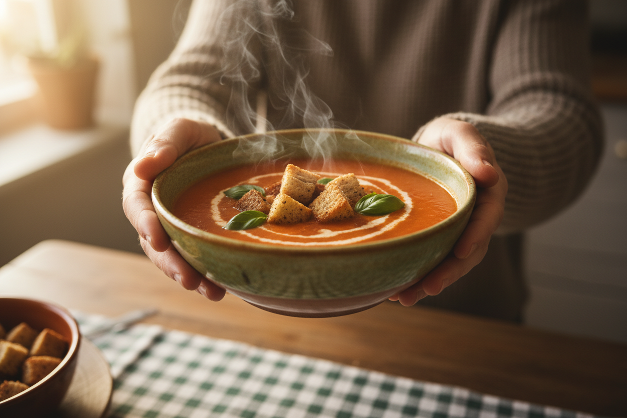 the soup is being handed to me, the picture is 1st person perspective